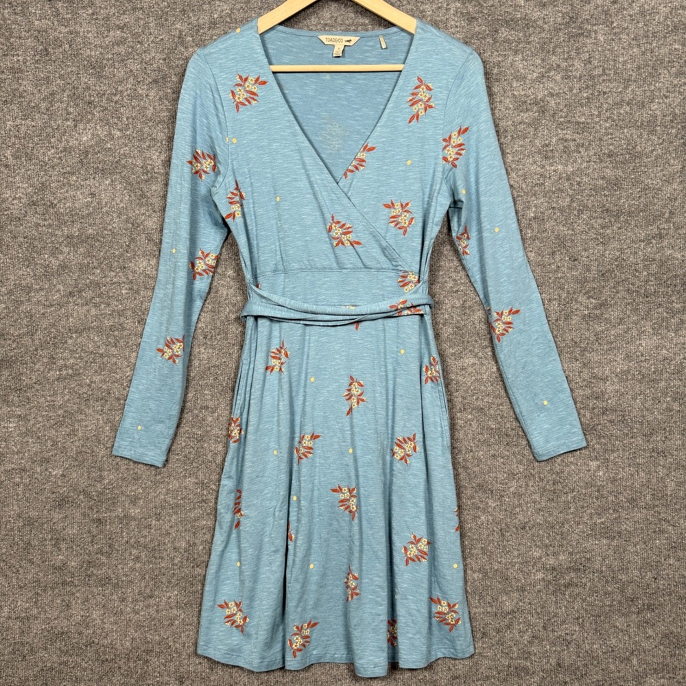Toad&Co Small Dress Blue Floral Faux Wrap Shift Tie Waist V-Neck‎ Long Sleeves